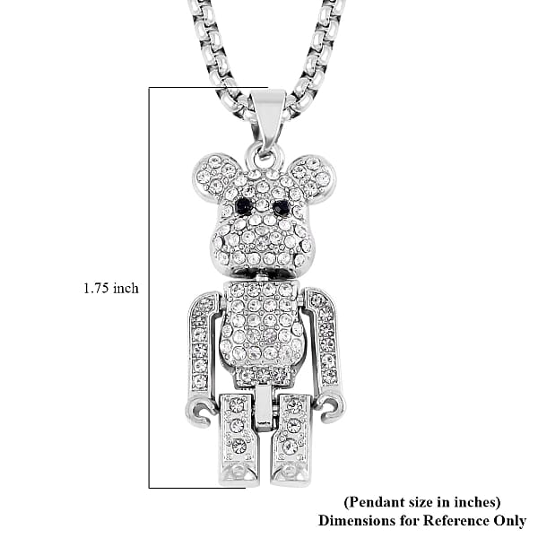 Black and White Austrian Crystal Bear Pendant in Silvertone with Stainless Steel Necklace 28 Inches