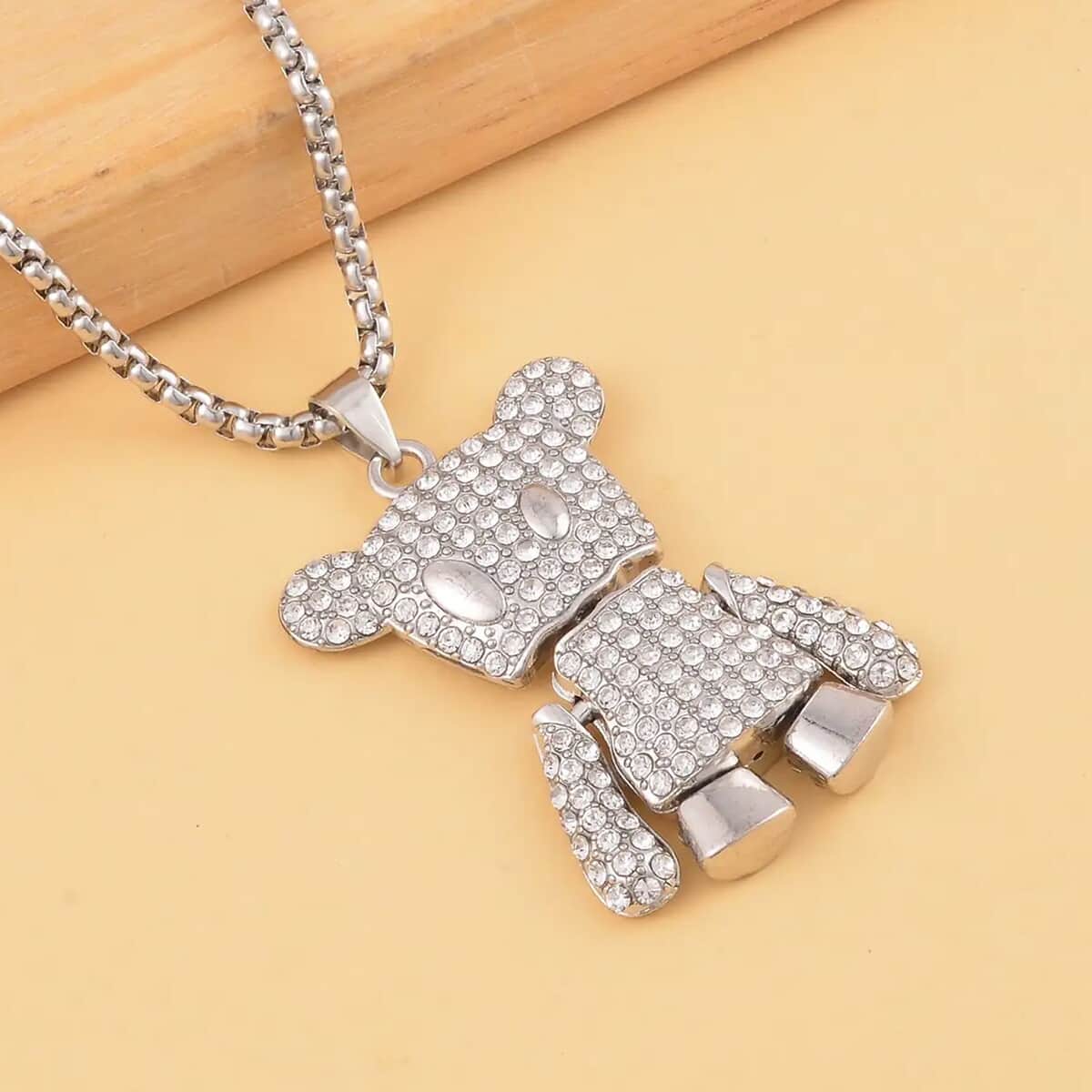 Austrian Crystal Bear Pendant in Silvertone with Stainless Steel Necklace 28 Inches image number 1