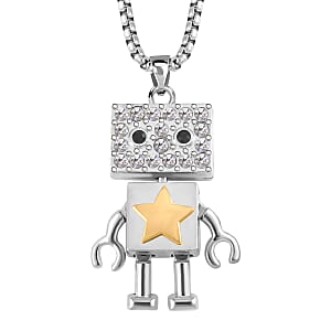 White and Black Austrian Crystal Robot Pendant in Dualtone with Stainless Steel Necklace 28 Inches