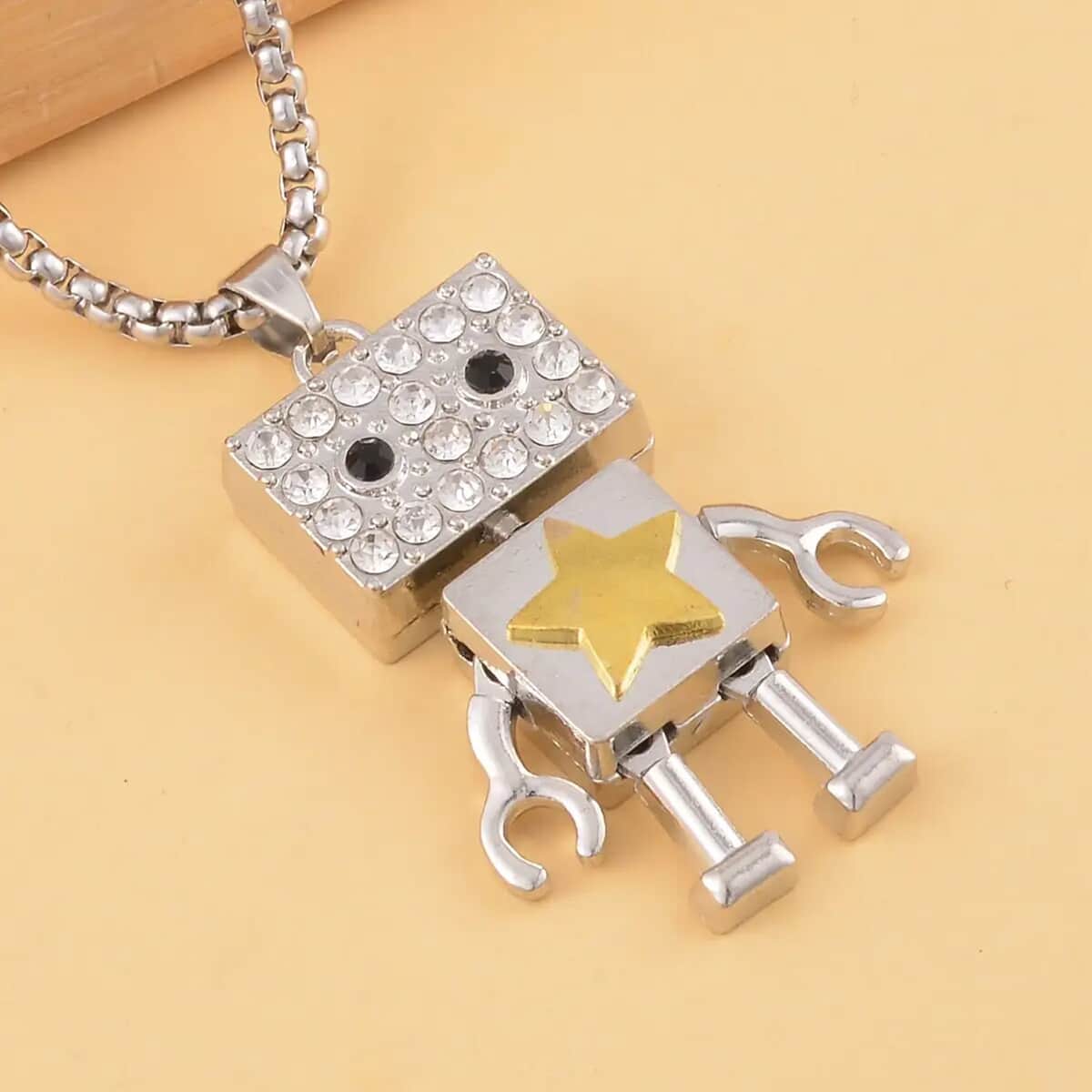 White and Black Austrian Crystal Robot Pendant in Dualtone with Stainless Steel Necklace 28 Inches image number 1