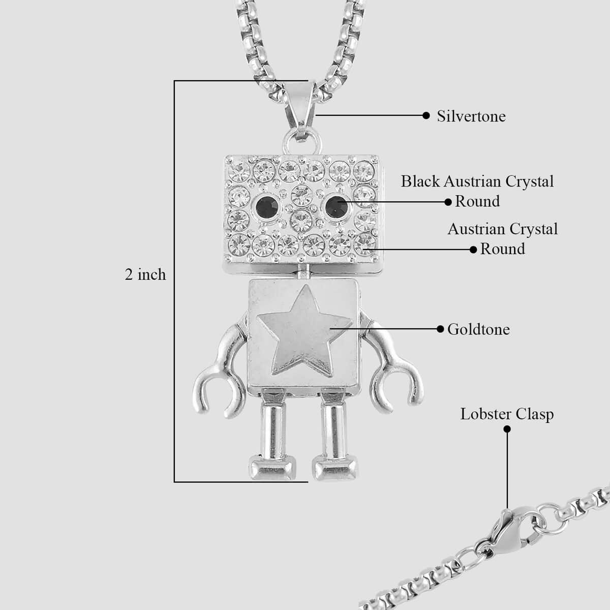 White and Black Austrian Crystal Robot Pendant in Dualtone with Stainless Steel Necklace 28 Inches image number 5