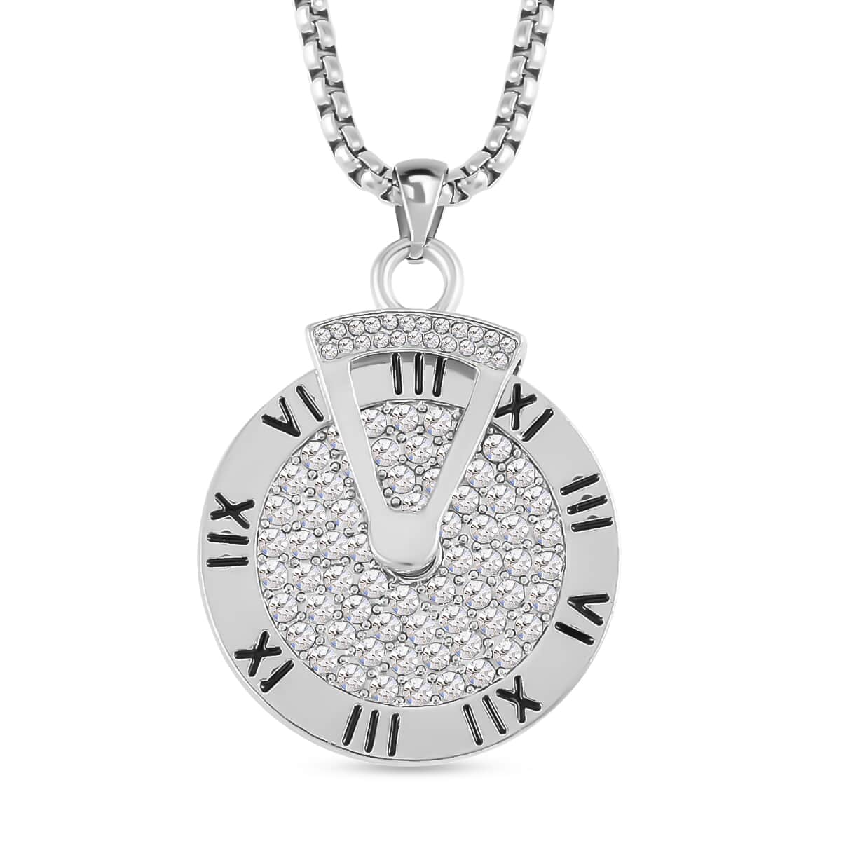 Austrian Crystal Clock Pendant in Silvertone with Stainless Steel Necklace 28 Inches image number 0