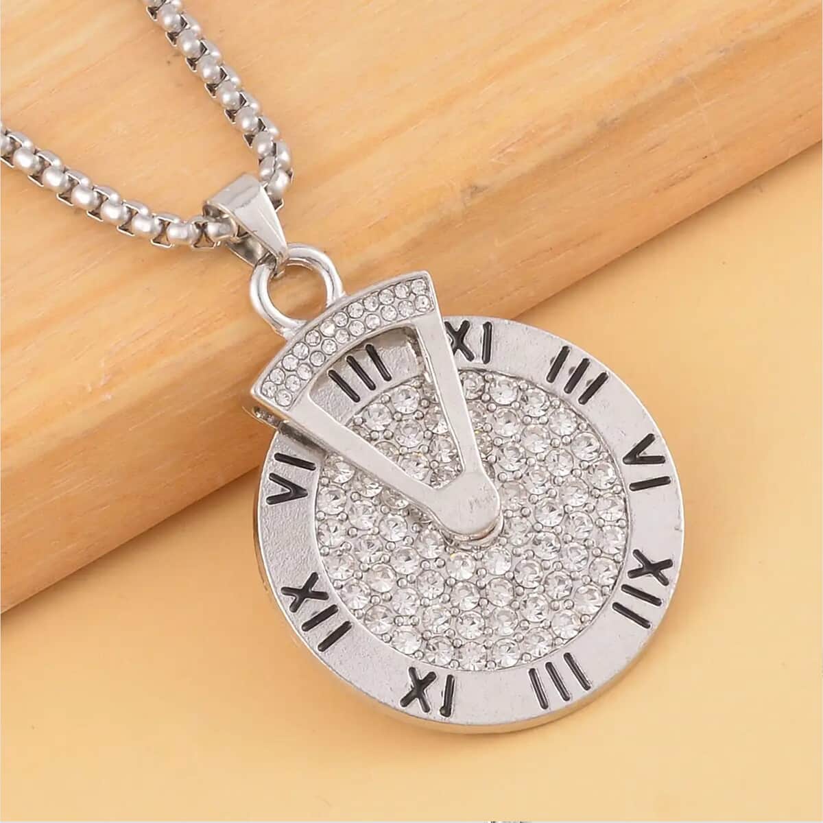 Austrian Crystal Clock Pendant in Silvertone with Stainless Steel Necklace 28 Inches image number 1