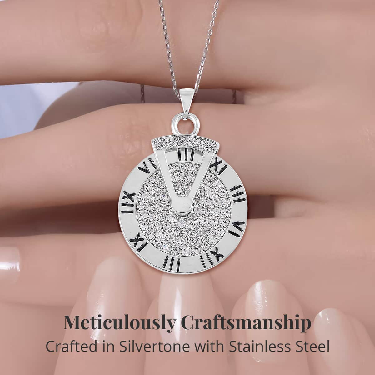 Austrian Crystal Clock Pendant in Silvertone with Stainless Steel Necklace 28 Inches image number 3