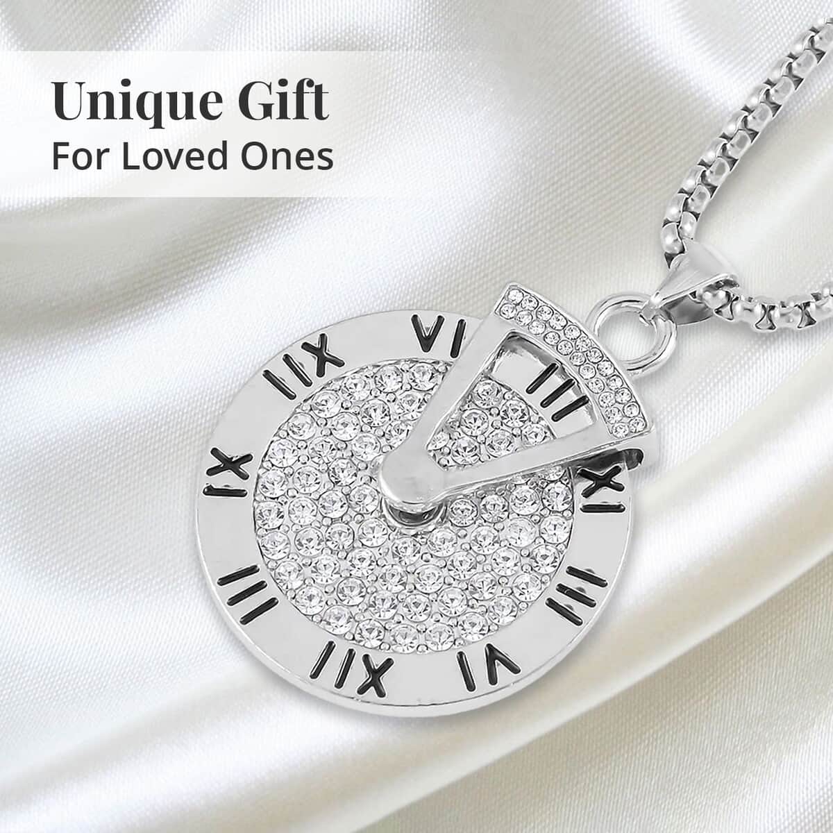 Austrian Crystal Clock Pendant in Silvertone with Stainless Steel Necklace 28 Inches image number 4