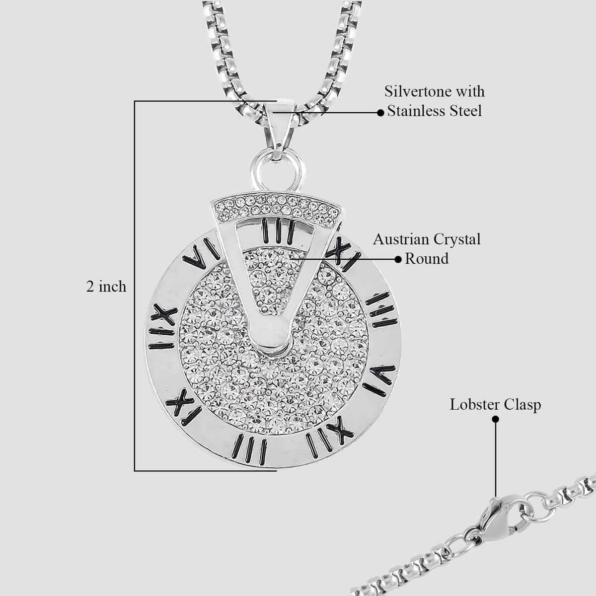 Austrian Crystal Clock Pendant in Silvertone with Stainless Steel Necklace 28 Inches image number 5