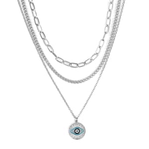 Blue and Multi Color Austrian Crystal Set of 3 Necklace with Evil Eye Charm 17-19 Inches in Silvertone