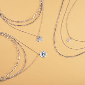 Blue and Multi Color Austrian Crystal Set of 3 Necklace with Evil Eye Charm 17-19 Inches in Silvertone