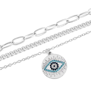 Blue and Multi Color Austrian Crystal Set of 3 Necklace with Evil Eye Charm 17-19 Inches in Silvertone