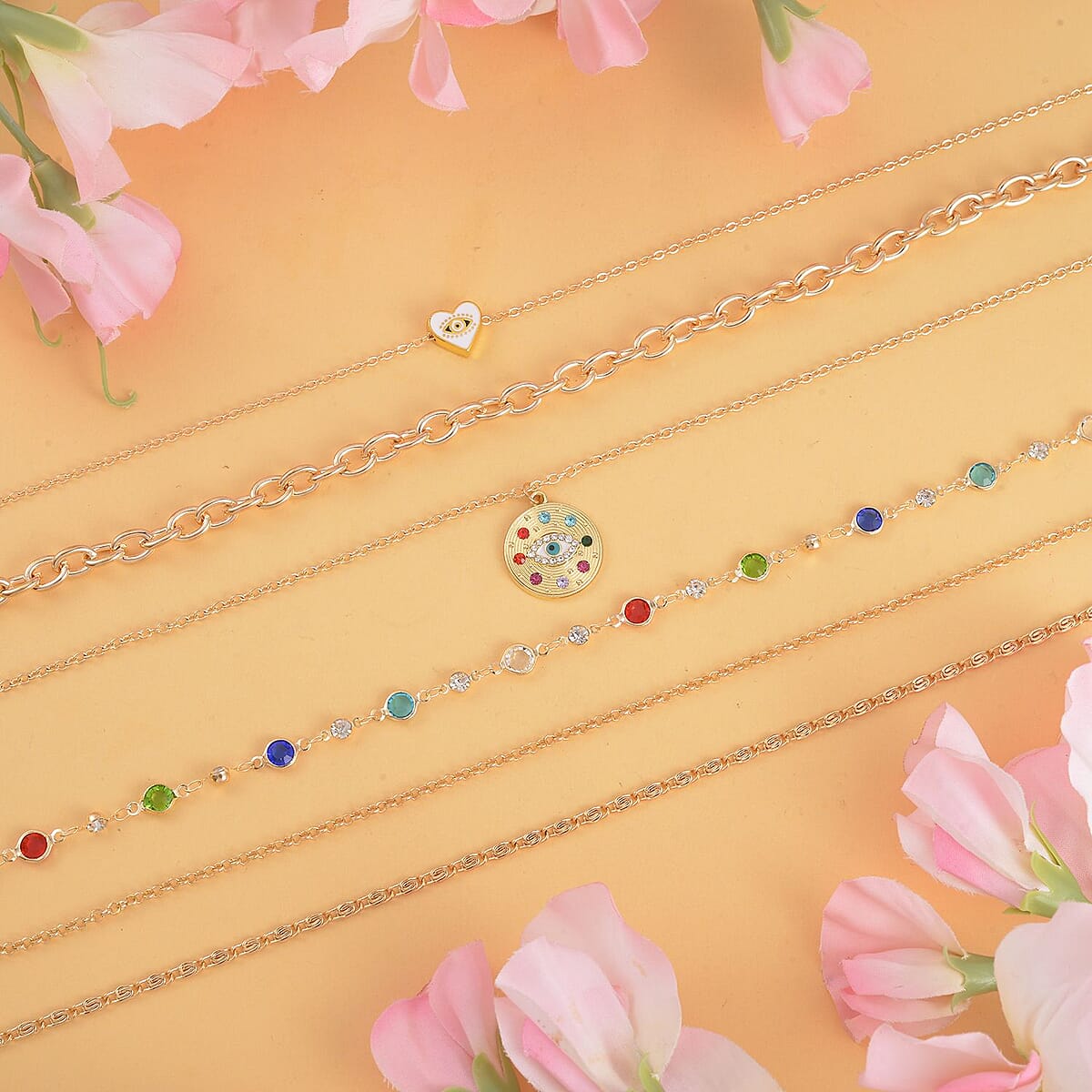 Multi Color Austrian Crystal Enameled Set of 2 Necklace 17-19 Inches in Goldtone image number 1