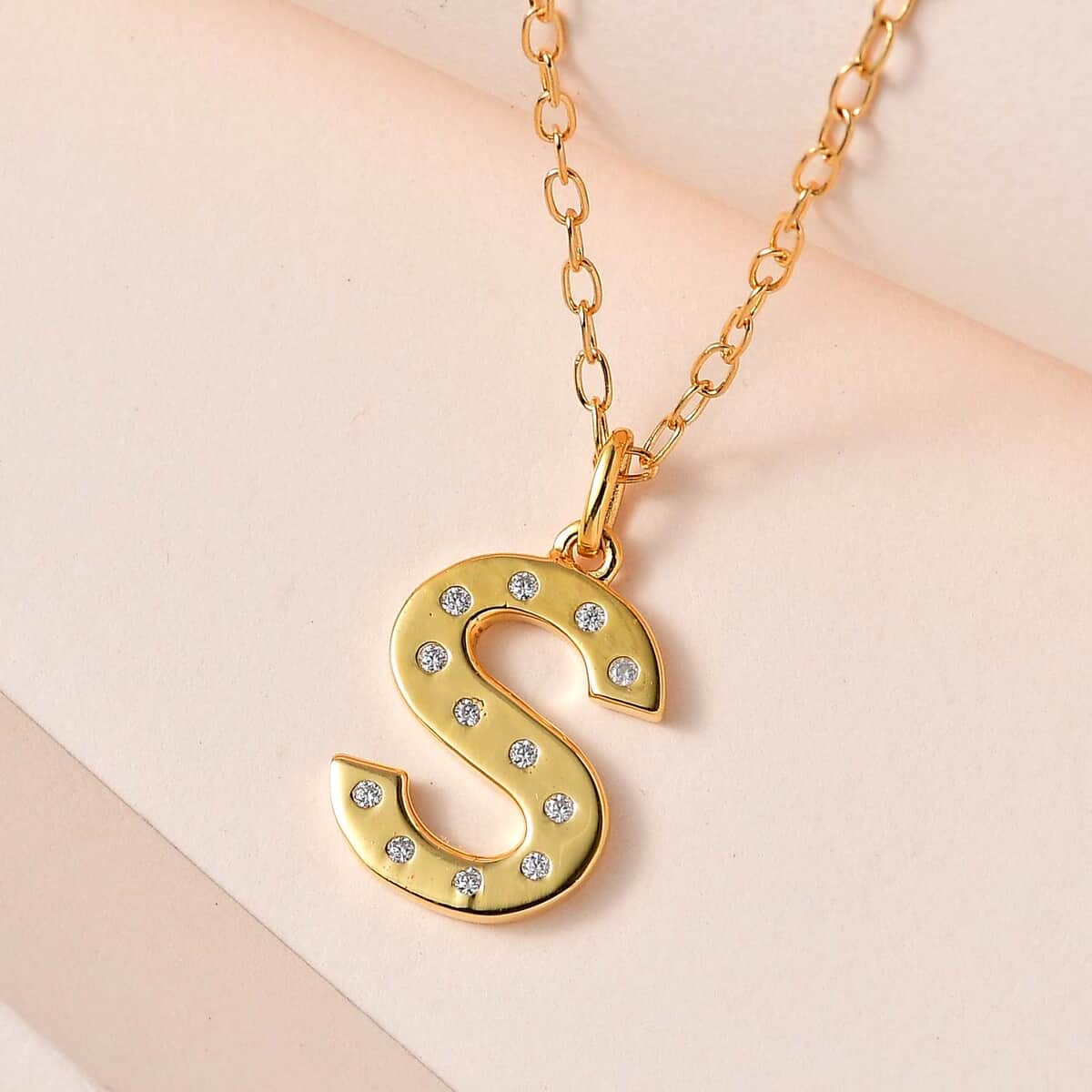 Moissanite Initial S Pendant with Cable Chain 20 Inches in Vermeil Yellow Gold Over Sterling Silver 0.15 ctw image number 1