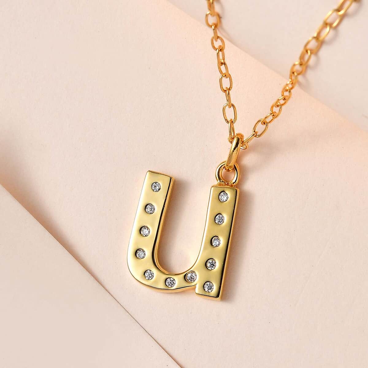 Moissanite Initial U Pendant with Cable Chain 20 Inches in Vermeil Yellow Gold Over Sterling Silver 0.15 ctw image number 1