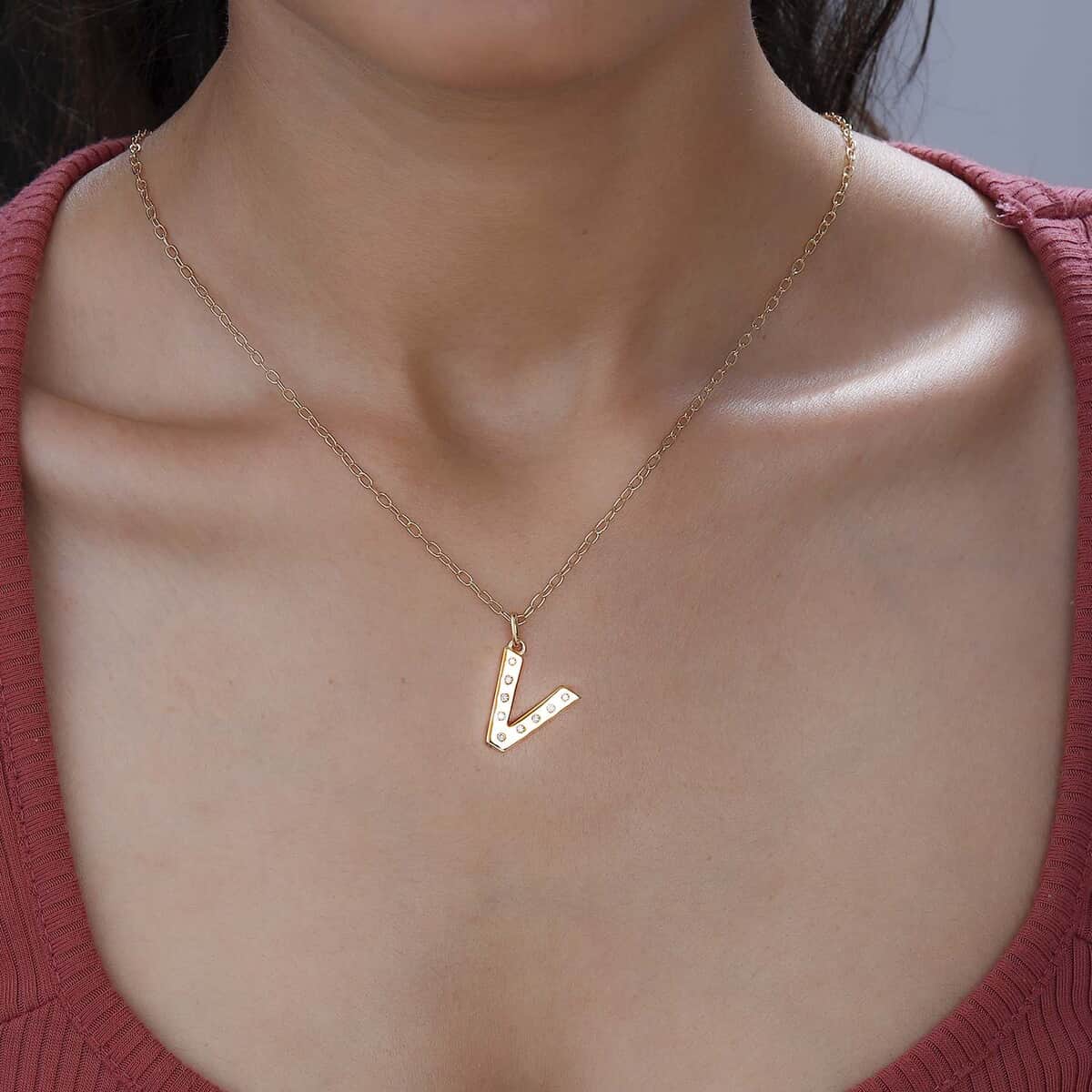 Moissanite Initial V Pendant with Cable Chain 20 Inches in Vermeil Yellow Gold Over Sterling Silver 0.14 ctw image number 2