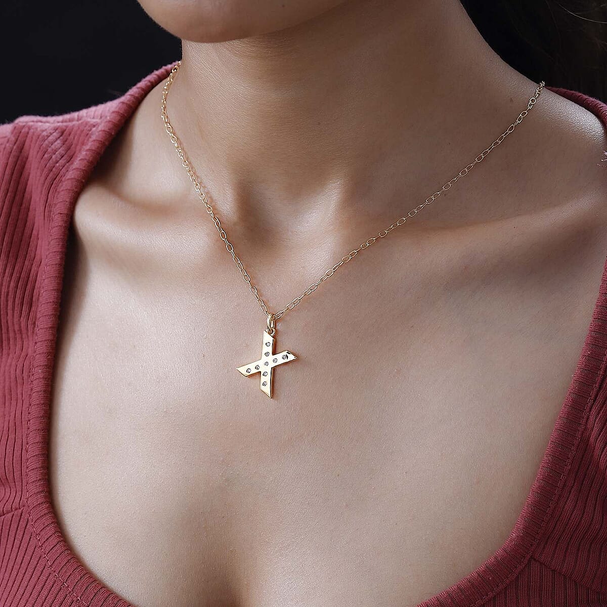 Moissanite Initial X Pendant with Cable Chain 20 Inches in Vermeil Yellow Gold Over Sterling Silver 0.14 ctw image number 2