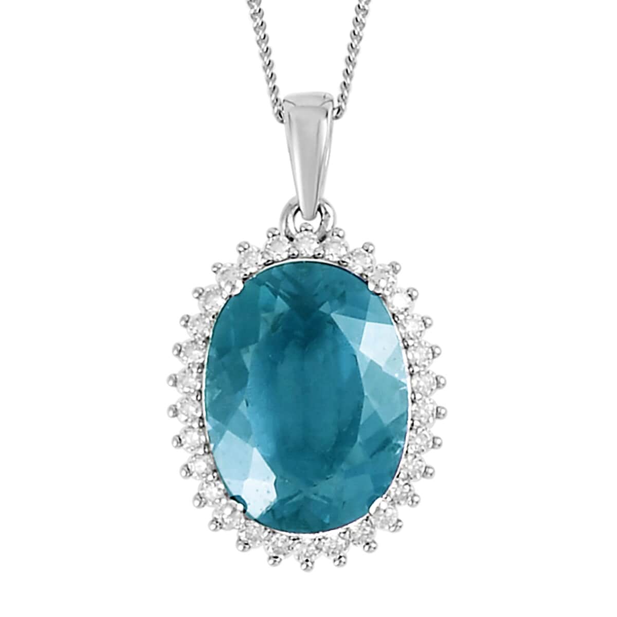 Dean Teal Fluorite (IR) and Moissanite 11.50 ctw Halo Pendant Necklace in Rhodium Over Sterling Silver 18 Inches image number 0