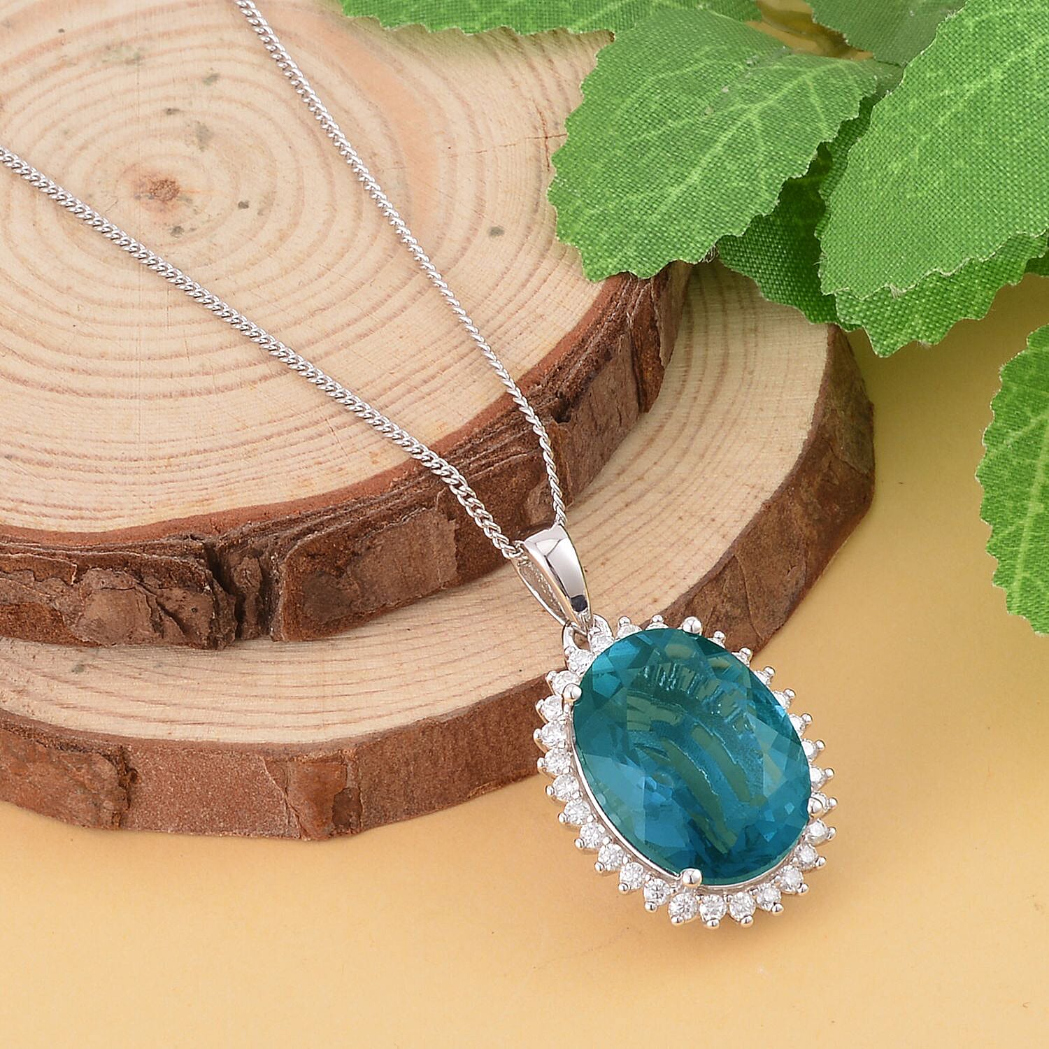 Dean Teal Fluorite (IR) and Moissanite 11.50 ctw Halo Pendant Necklace in Rhodium Over Sterling Silver 18 Inches