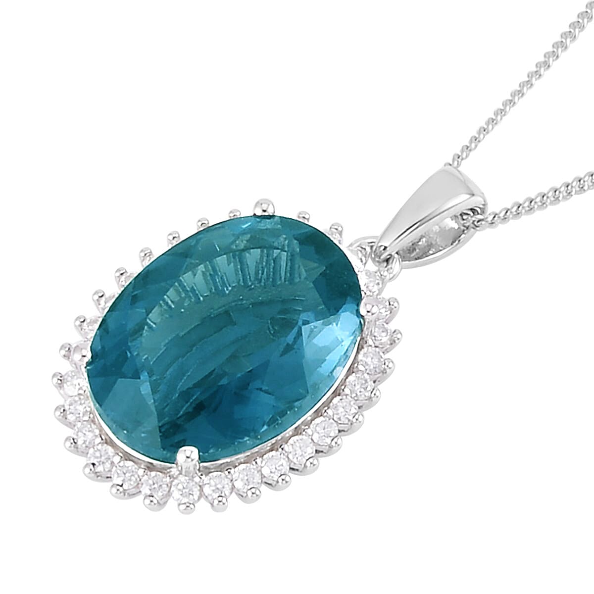Dean Teal Fluorite (IR) and Moissanite 11.50 ctw Halo Pendant Necklace in Rhodium Over Sterling Silver 18 Inches