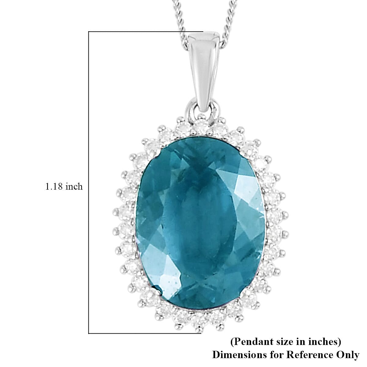 Dean Teal Fluorite (IR) and Moissanite 11.50 ctw Halo Pendant Necklace in Rhodium Over Sterling Silver 18 Inches