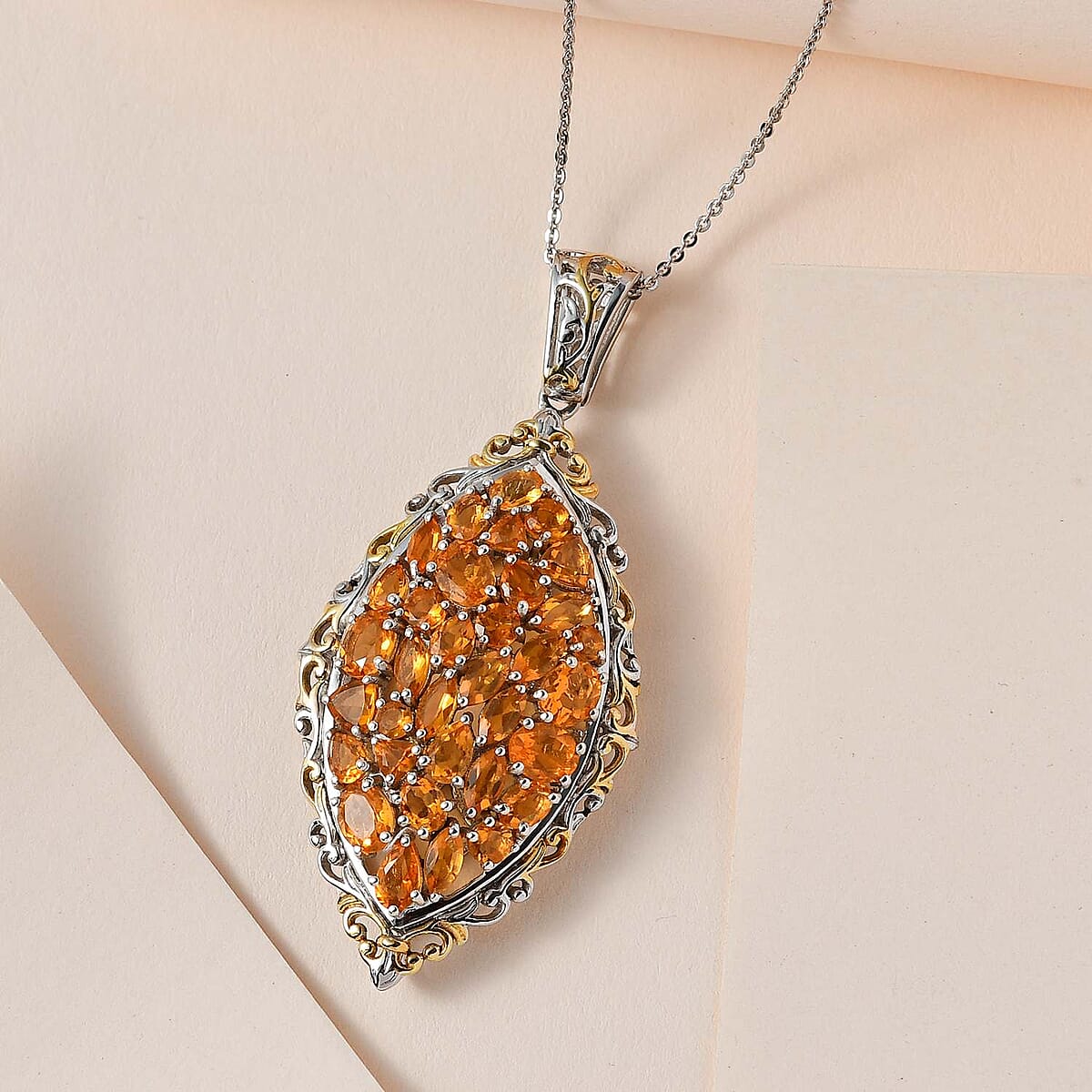 TLV Salamanca Fire Opal Elongated Pendant Necklace (20 Inches) in Vermeil YG and Platinum Over Sterling Silver 4.10 ctw image number 1