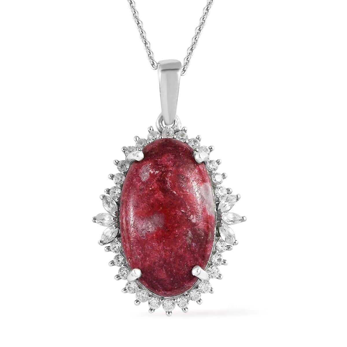 Norwegian Thulite and White Zircon Halo Pendant Necklace 20 Inches in Platinum Over Sterling Silver 15.90 ctw image number 0