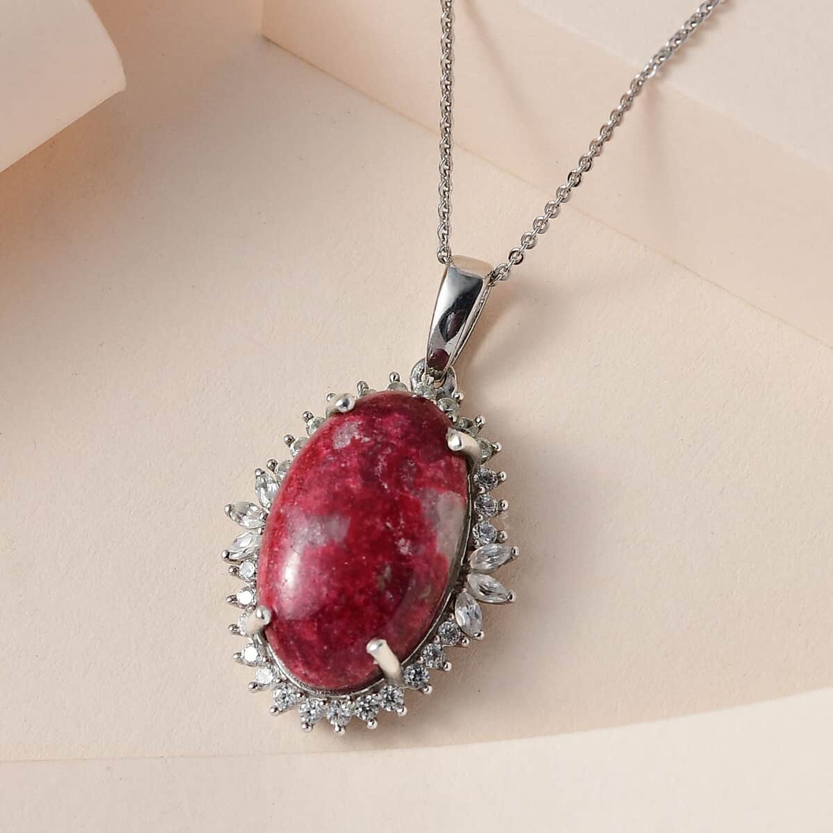 Norwegian Thulite and White Zircon Halo Pendant Necklace 20 Inches in Platinum Over Sterling Silver 15.90 ctw image number 1