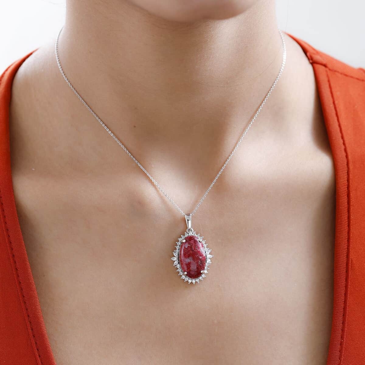 Norwegian Thulite and White Zircon Halo Pendant Necklace 20 Inches in Platinum Over Sterling Silver 15.90 ctw image number 2