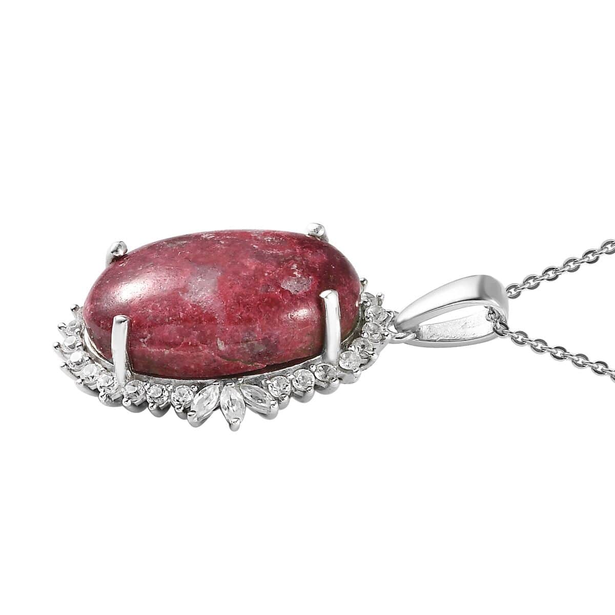 Norwegian Thulite and White Zircon Halo Pendant Necklace 20 Inches in Platinum Over Sterling Silver 15.90 ctw image number 3