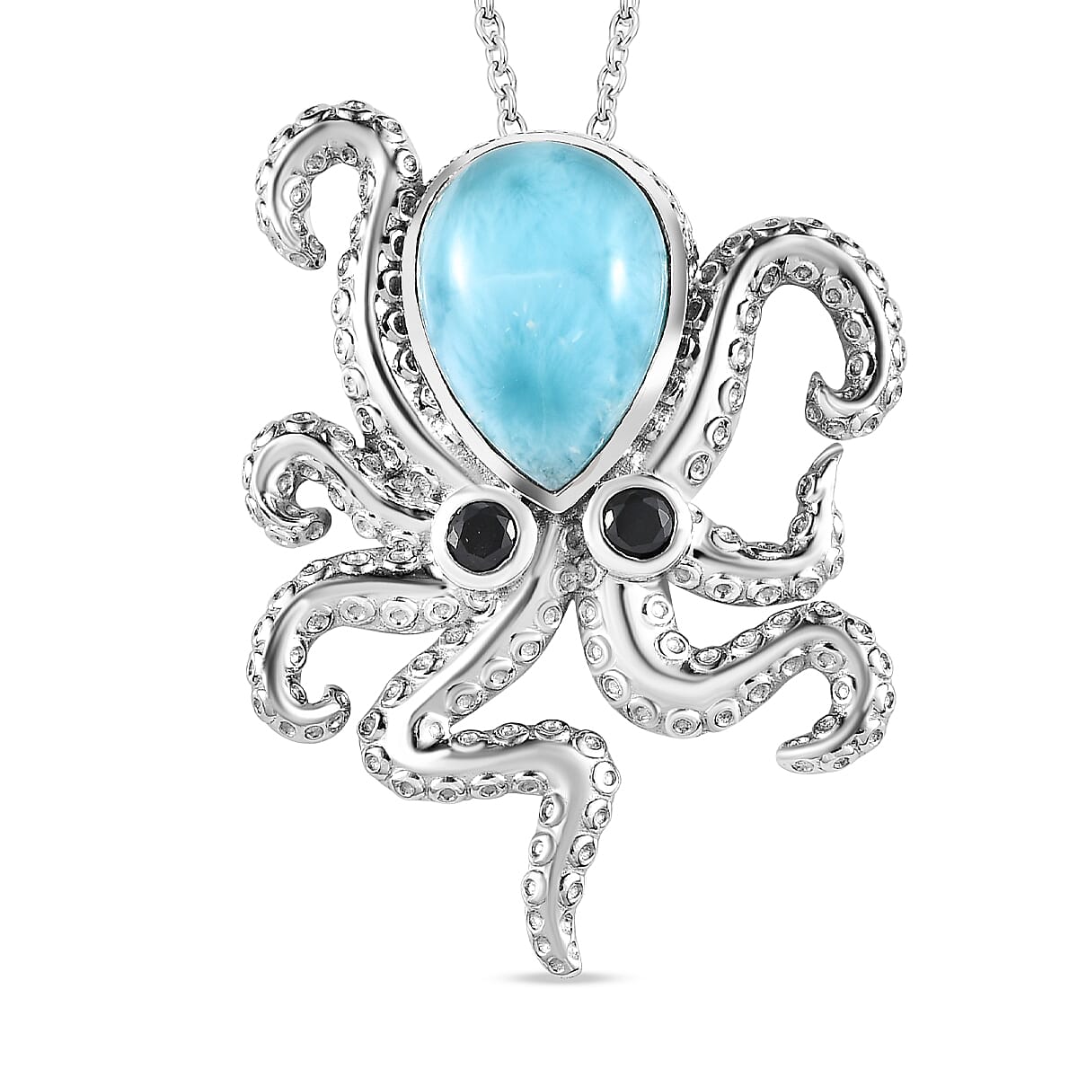 GP Larimar and Thai Black Spinel 6.15 ctw Pendant Necklace (20 Inches) in Platinum Over Sterling Silver