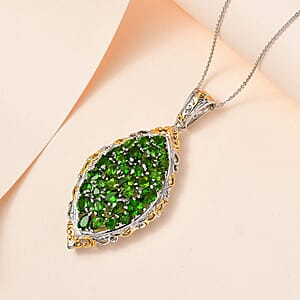 Chrome Diopside Elongated Pendant Necklace 20 Inches in Vermeil Yellow Gold and Platinum Over Sterling Silver 7.00 ctw