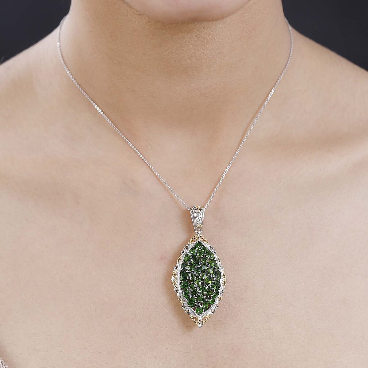 Chrome Diopside Elongated Pendant Necklace 20 Inches in Vermeil Yellow Gold and Platinum Over Sterling Silver 7.00 ctw image number 2