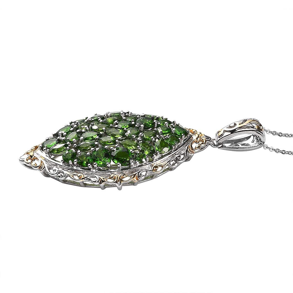Chrome Diopside Elongated Pendant Necklace 20 Inches in Vermeil Yellow Gold and Platinum Over Sterling Silver 7.00 ctw image number 3