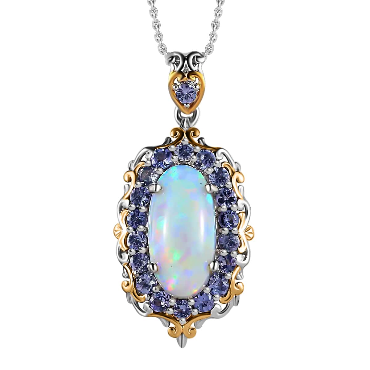 Premium Ethiopian Welo Opal and Tanzanite Pendant Necklace 20 Inches in Vermeil YG and Platinum Over Sterling Silver 4.65 ctw image number 0