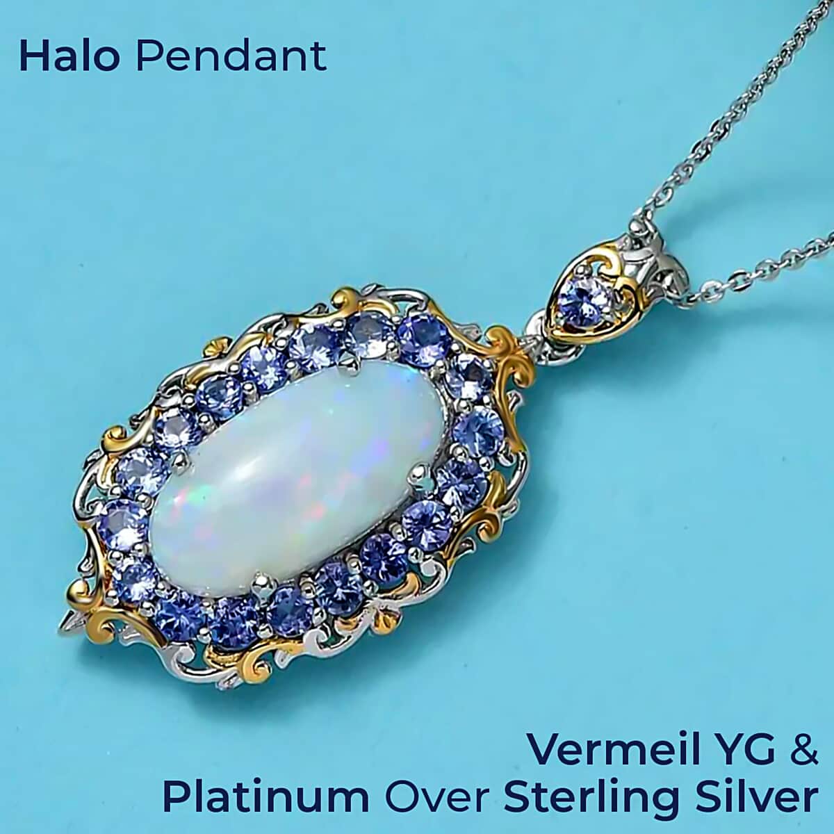 Premium Ethiopian Welo Opal and Tanzanite Pendant Necklace 20 Inches in Vermeil YG and Platinum Over Sterling Silver 4.65 ctw image number 1