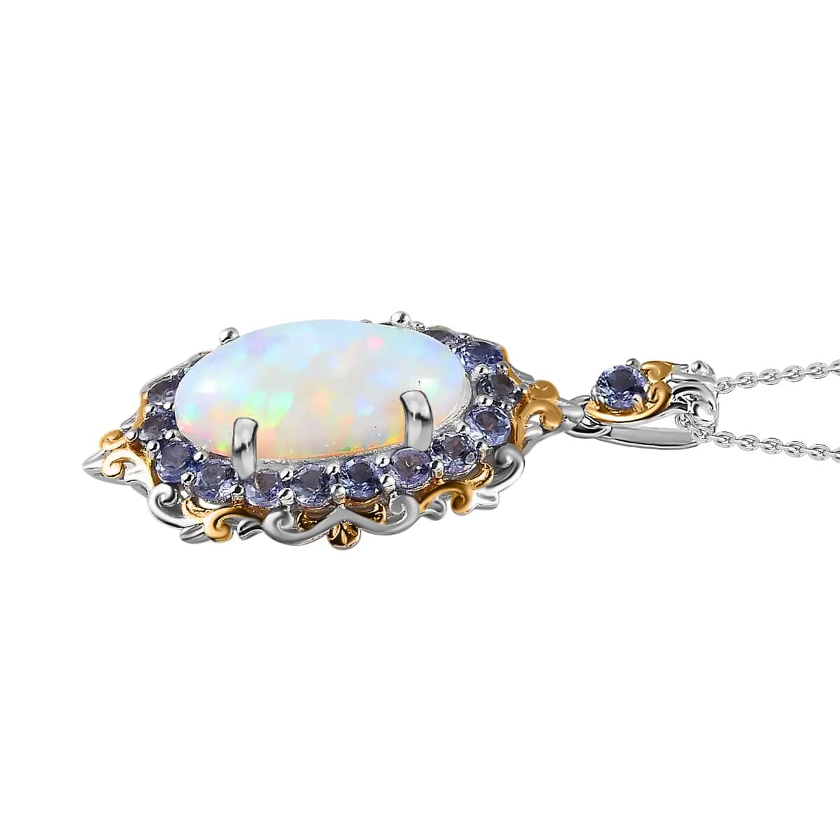 Premium Ethiopian Welo Opal and Tanzanite Pendant Necklace 20 Inches in Vermeil YG and Platinum Over Sterling Silver 4.65 ctw image number 3