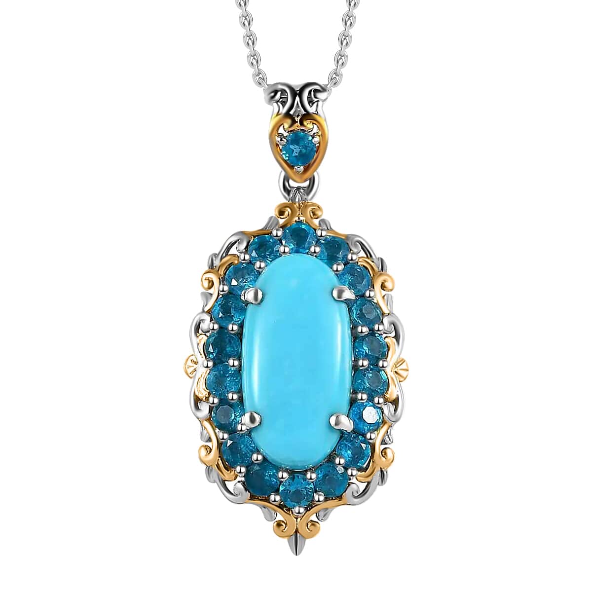 Premium Sleeping Beauty Turquoise Halo Pendant Necklace, Malgache Neon Apatite Accent Pendant Necklace, 20 Inch Necklace, Vermeil YG and Platinum Over Sterling Silver Necklace 5.90 ctw image number 0