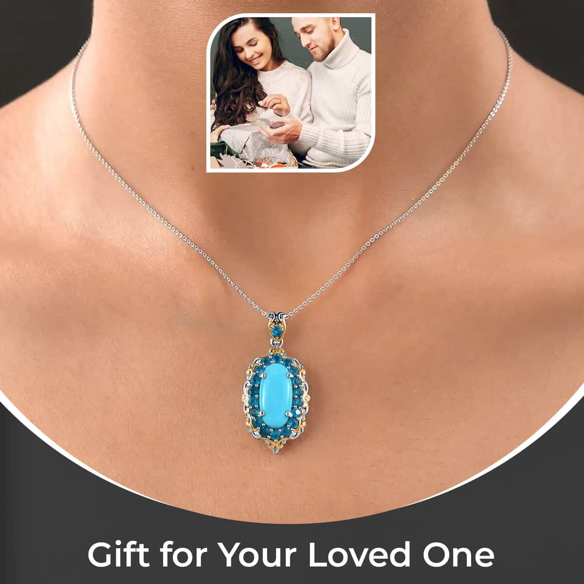 Premium Sleeping Beauty Turquoise Halo Pendant Necklace, Malgache Neon Apatite Accent Pendant Necklace, 20 Inch Necklace, Vermeil YG and Platinum Over Sterling Silver Necklace 5.90 ctw image number 2