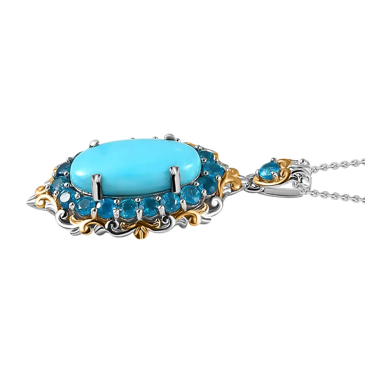 Premium Sleeping Beauty Turquoise Halo Pendant Necklace, Malgache Neon Apatite Accent Pendant Necklace, 20 Inch Necklace, Vermeil YG and Platinum Over Sterling Silver Necklace 5.90 ctw image number 3