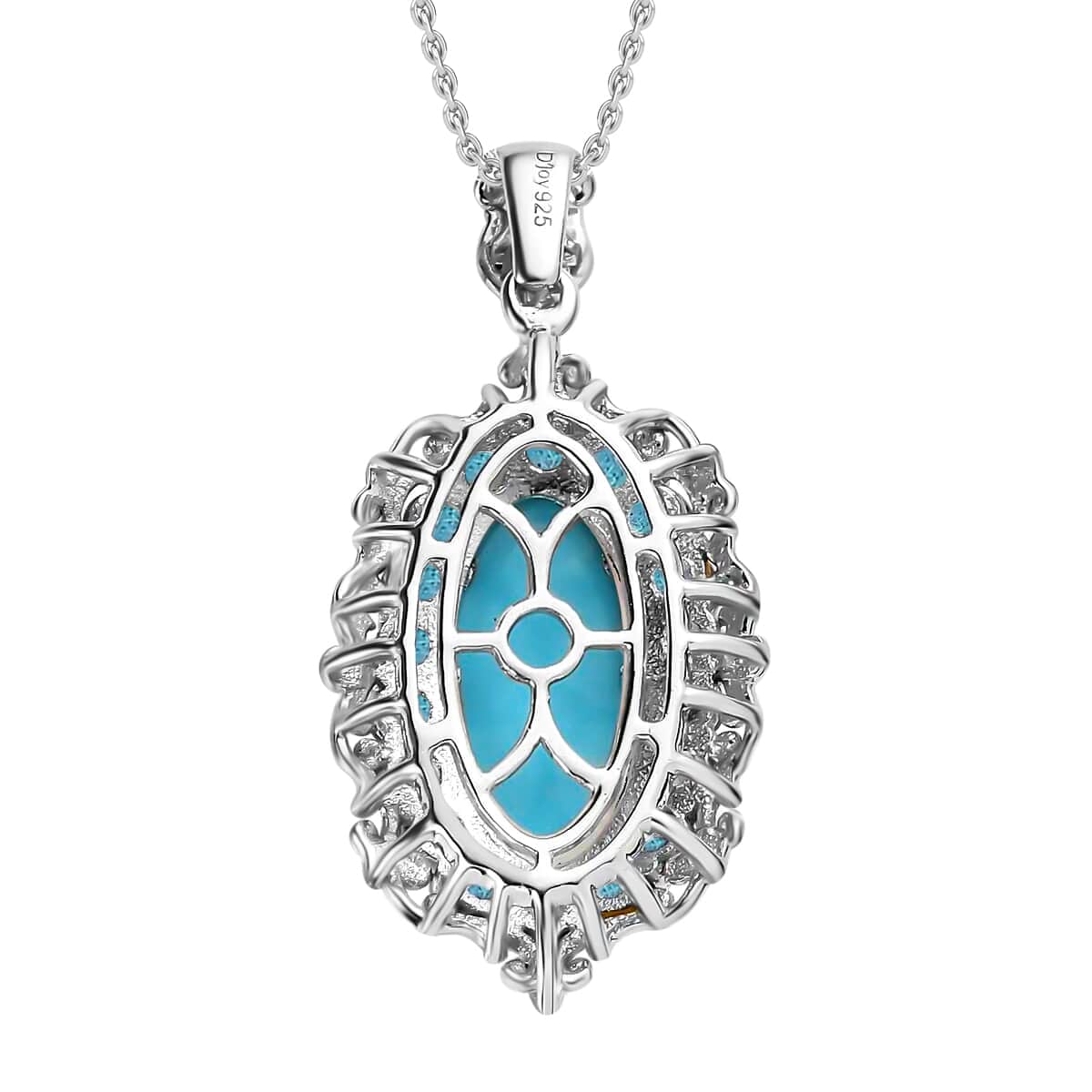 Premium Sleeping Beauty Turquoise Halo Pendant Necklace, Malgache Neon Apatite Accent Pendant Necklace, 20 Inch Necklace, Vermeil YG and Platinum Over Sterling Silver Necklace 5.90 ctw image number 4