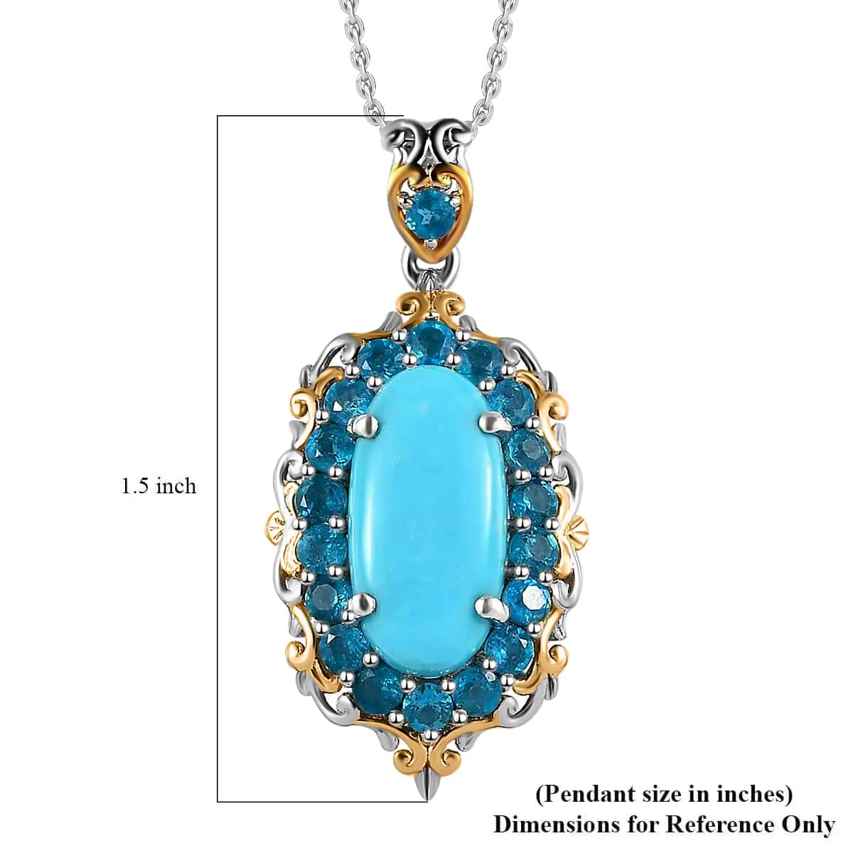 Premium Sleeping Beauty Turquoise Halo Pendant Necklace, Malgache Neon Apatite Accent Pendant Necklace, 20 Inch Necklace, Vermeil YG and Platinum Over Sterling Silver Necklace 5.90 ctw image number 6