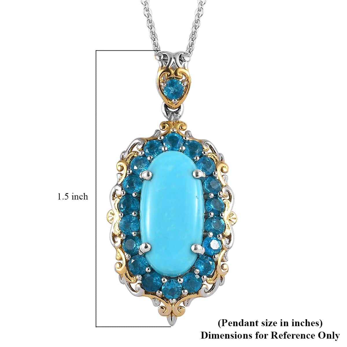 Premium Sleeping Beauty Turquoise Halo Pendant Necklace, Malgache Neon Apatite Accent Pendant Necklace, 20 Inch Necklace, Vermeil YG and Platinum Over Sterling Silver Necklace 5.90 ctw image number 7