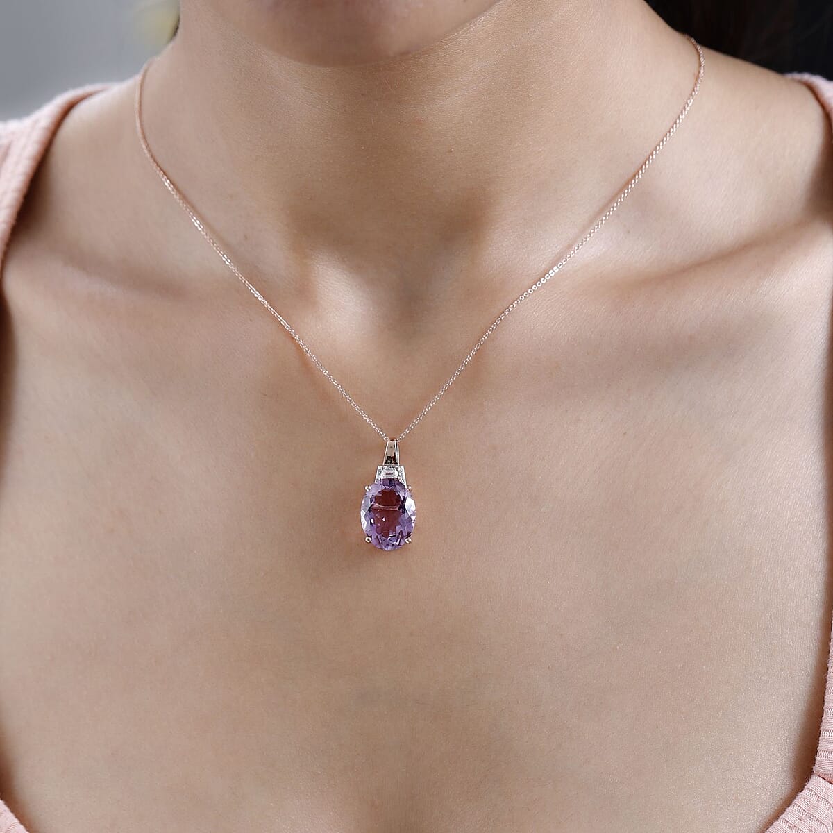 AAA Rose De France Amethyst and White Zircon Pendant Necklace 20 Inches in Vermeil Rose Gold Over Sterling Silver 9.00 ctw image number 2