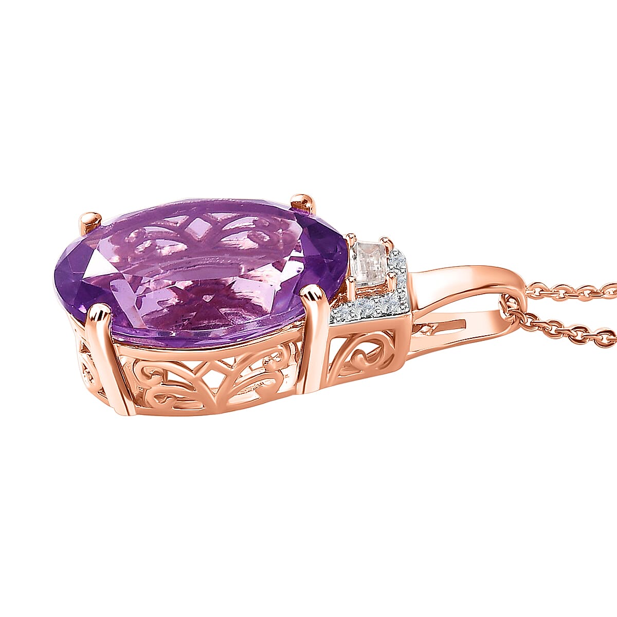 AAA Rose De France Amethyst and White Zircon Pendant Necklace 20 Inches in Vermeil Rose Gold Over Sterling Silver 9.00 ctw image number 3