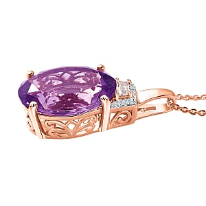 AAA Rose De France Amethyst and White Zircon Pendant Necklace 20 Inches in Vermeil Rose Gold Over Sterling Silver 9.00 ctw