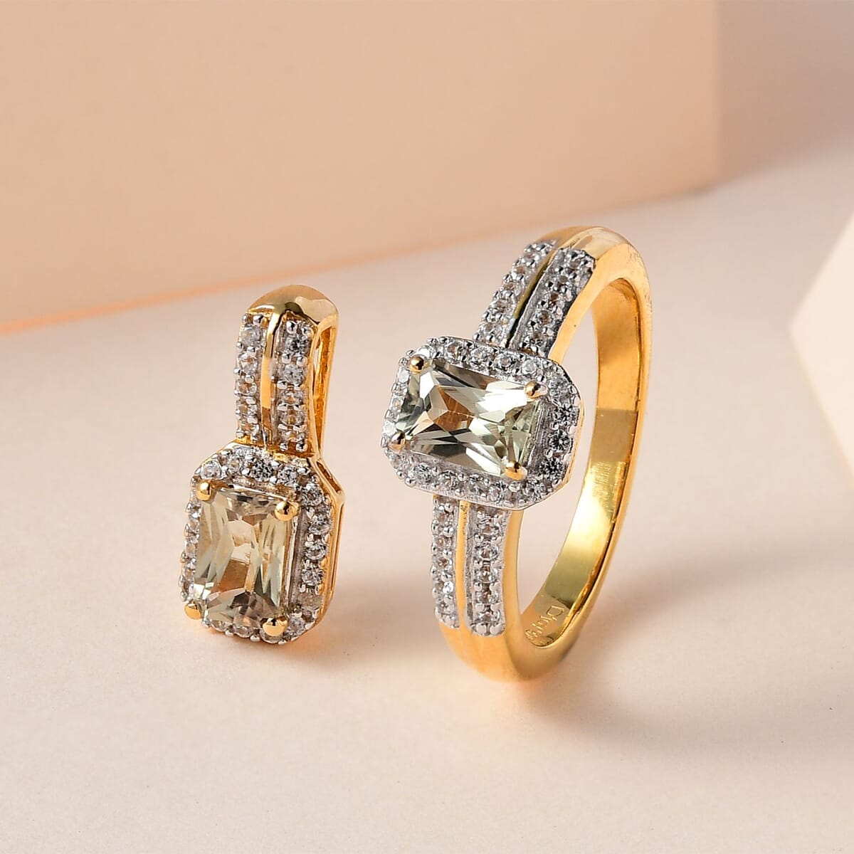 Turkizite and White Zircon Ring and Pendant in Vermeil Yellow Gold Over Sterling Silver 1.90 ctw image number 1
