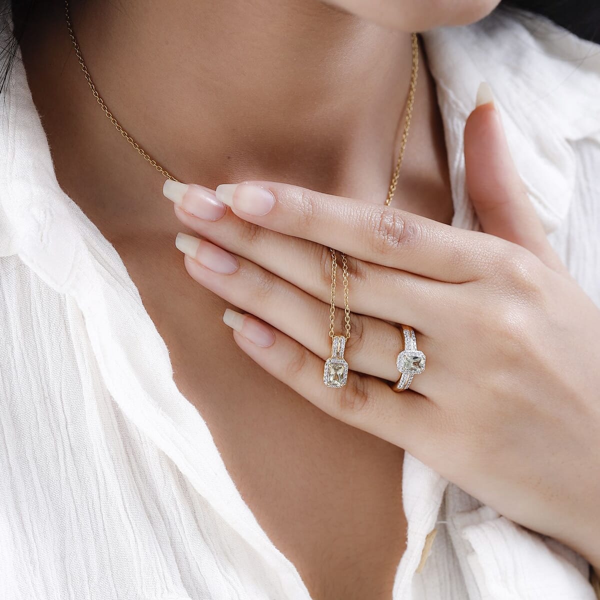 Turkizite and White Zircon Ring and Pendant in Vermeil Yellow Gold Over Sterling Silver 1.90 ctw image number 2
