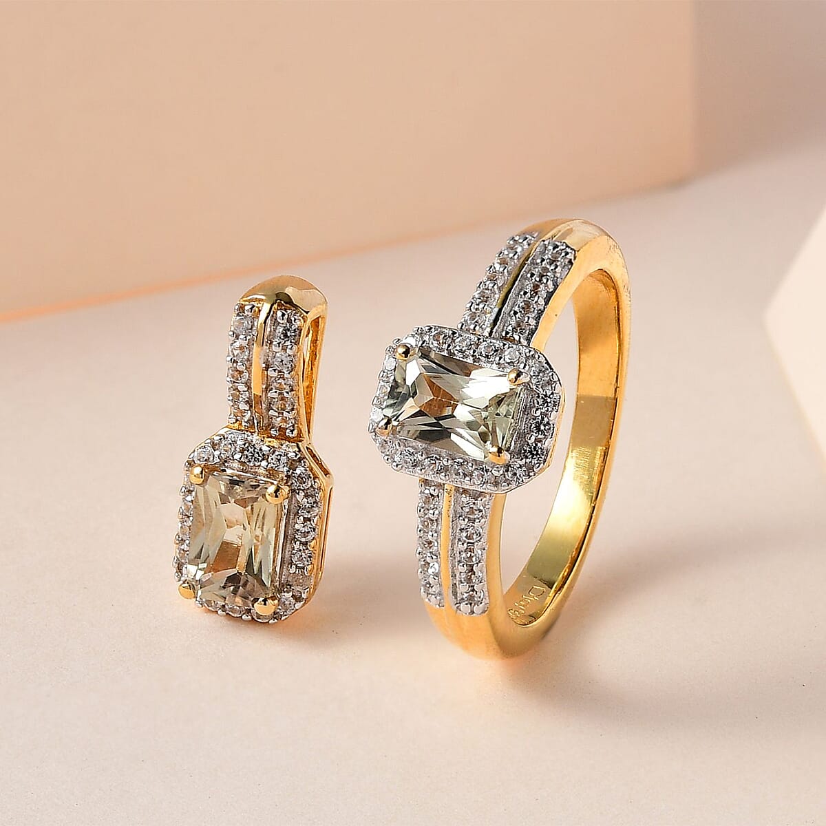 Turkizite and White Zircon Halo Ring (Size 10.0) and Pendant without Chain in Vermeil Yellow Gold Over Sterling Silver 1.90 ctw image number 1