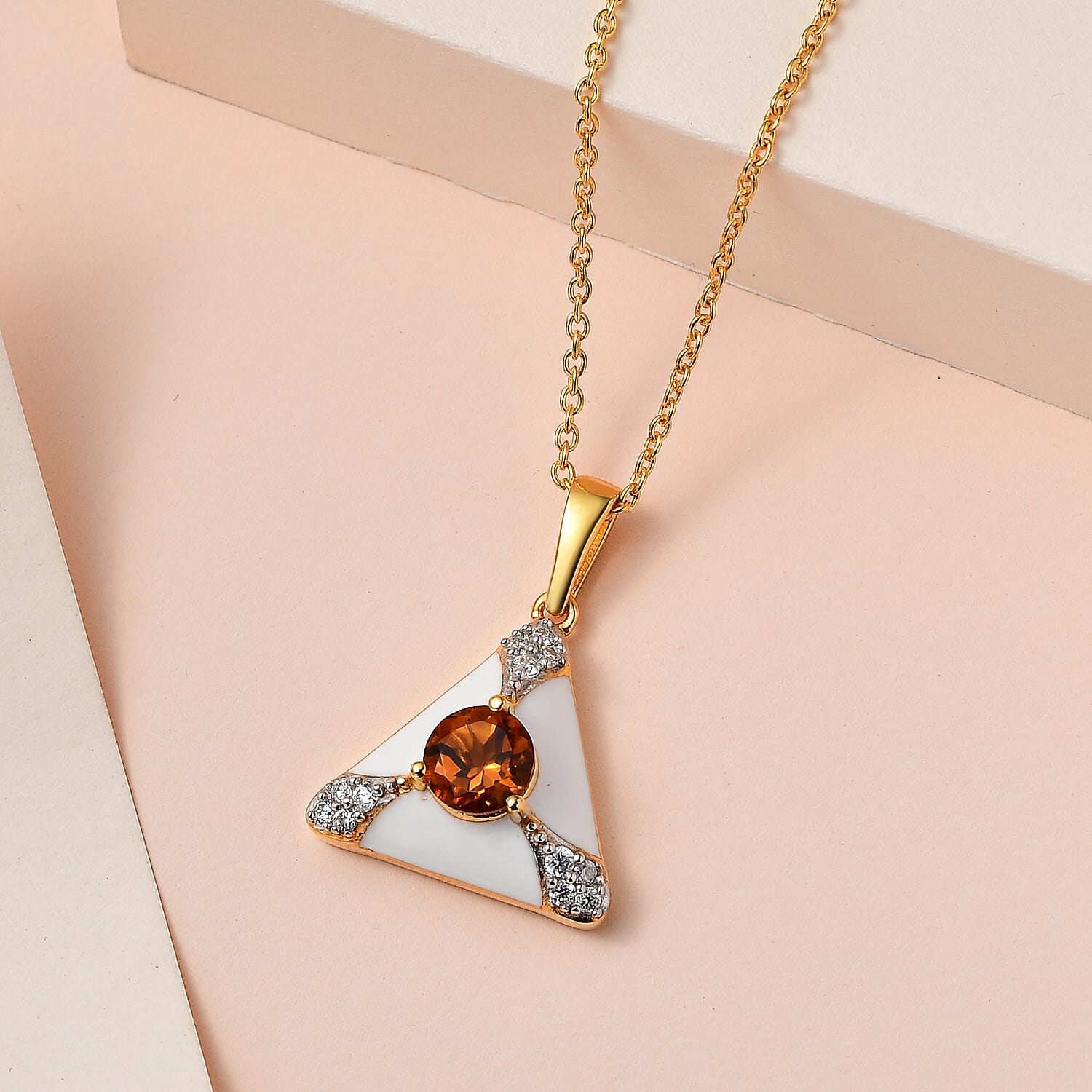 Premium Santa Ana Madeira Citrine and Moissanite White Enameled Pendant Necklace 20 Inches in Vermeil Yellow Gold Over Sterling Silver 1.35 ctw