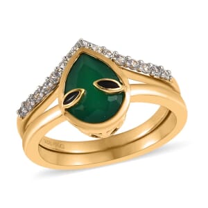 Green Onyx and White Zircon Chevron Alien Band Ring Set in Vermeil Yellow Gold Over Sterling Silver (Size 6.0) 2.00 ctw
