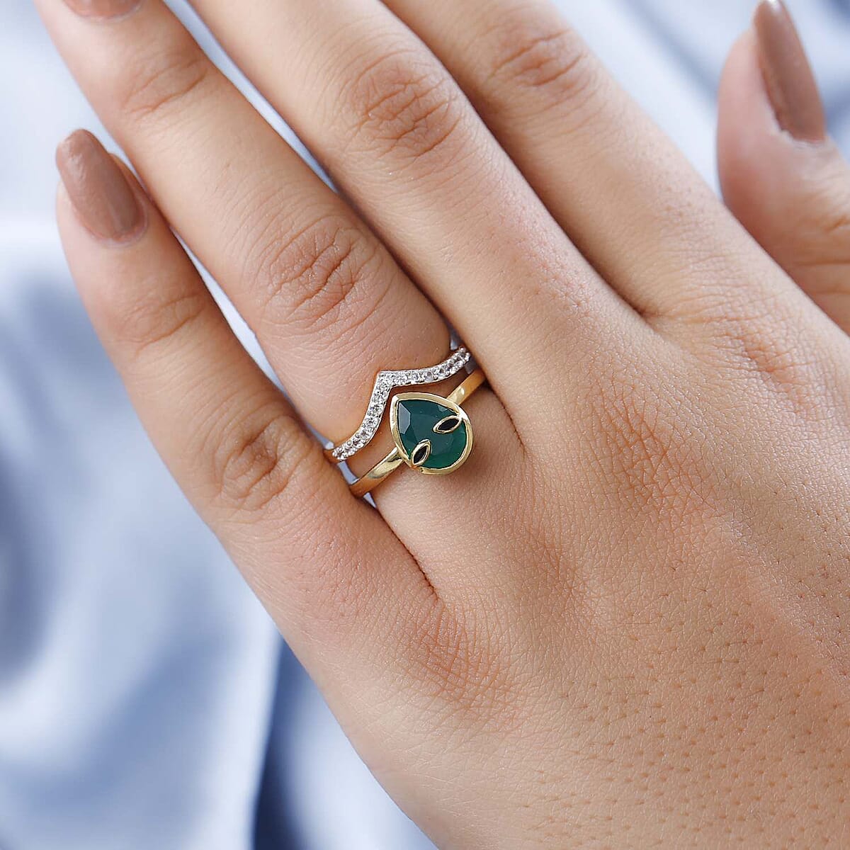 Green Onyx and White Zircon Chevron Alien Band Ring Set in Vermeil Yellow Gold Over Sterling Silver 2.00 ctw image number 2