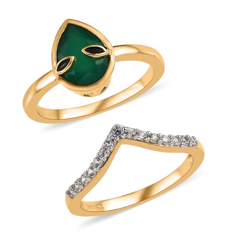 Green Onyx and White Zircon Chevron Alien Band Ring Set in Vermeil Yellow Gold Over Sterling Silver (Size 6.0) 2.00 ctw